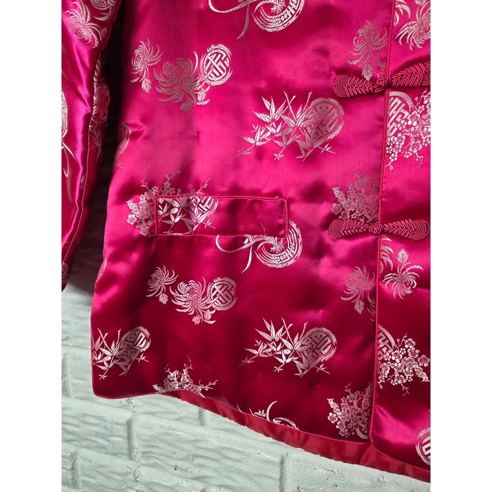VTG Women's Large Mandarin Jacket Pink Satin Frog Buttons Quilted Padded Yeong - Picture 3 of 9